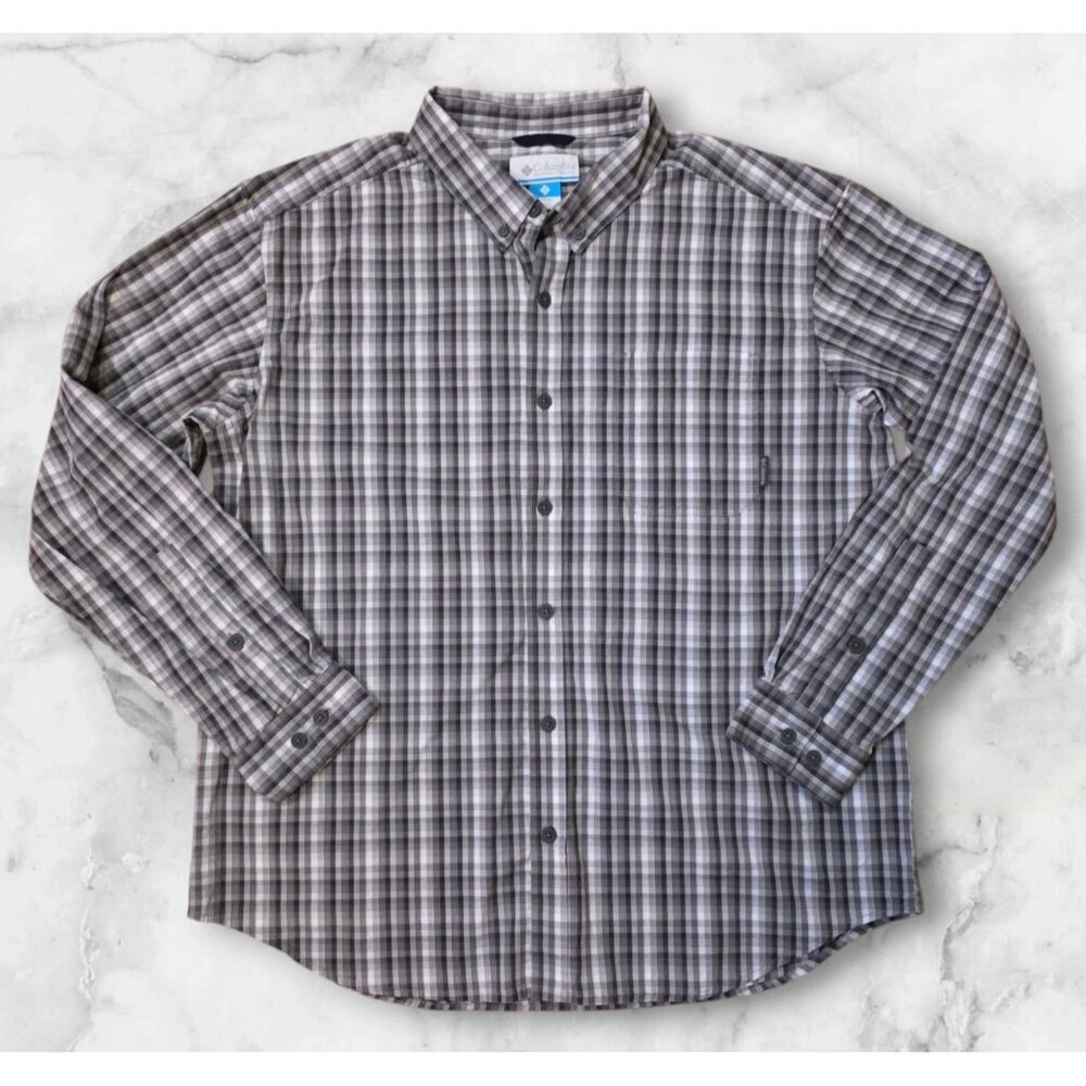 Columbia Shirt Mens Size XL Longâ Sleeve Cotton Plaid Grays Pocket Casual EUC
